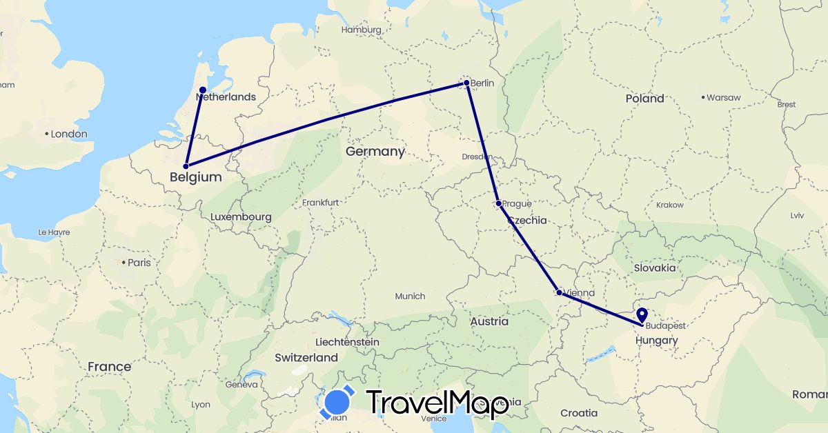 TravelMap itinerary: driving in Austria, Belgium, Czech Republic, Germany, Hungary, Netherlands (Europe)